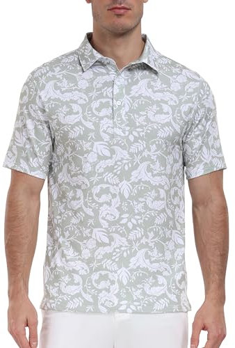 MoFiz Men's Polo Shirts Short Sleeve Printed Golf Top Breathable Casual Outdoor Tropical Holiday Beach Golf Polo Shirts Tropical Plants Light Green Size US M/EU L
