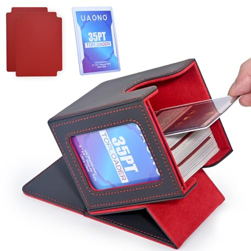 UAONO Magic Deck Box mit MTG Commander-Display, Patentiertes Deck Boxen für 100+ Karten, Sammelkarten-Aufbewahrungsboxen, Spielkarten Deck Case, mit 2 Trennwänden, 1 Toploader (Grau und Rot)
