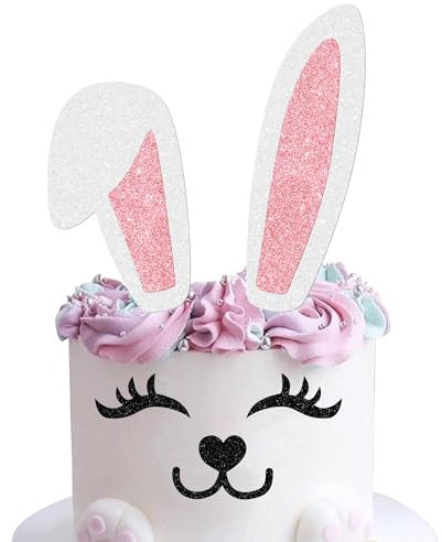 1 Stück Hasenohren Tortendeko Glitzer Wimpern Nase Pfote Cake Topper Happy Easter Kuchen Deko for Ostern Kaninchen Thema Baby Dusche Kinder Geburtstag Party Rosa Weiß