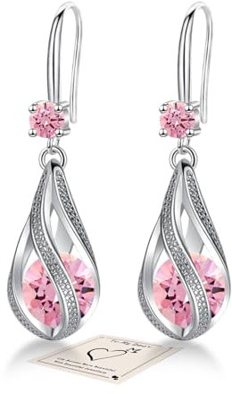 Sterling Silver Drop Earrings for Women, Hypoallergenic Pink Tourmaline Earrings October Birthstone Jewellery Gift for Birthday Christmas Anniversary
