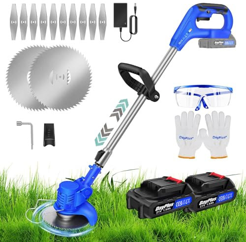 DayPlus Schnurloser Strimmer Rasentrimmer mit 2 Akkus, Leichter, einziehbarer, wiederaufladbarer Grasstrimmer Rasenmäher, für Garten, Hinterhof, Unkrautbeseitigung, Bäume