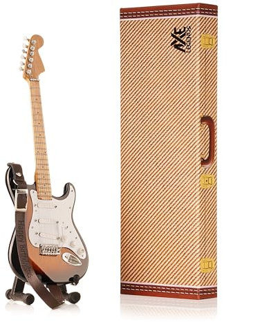 Axe Legends Sunburst Strat Miniature Guitar | Handmade Wooden Mini Replica Includes Personalised Mini Leather Guitar Strap and A-Frame Display Stand | 25 cms Tall | Shipped in Gift Box