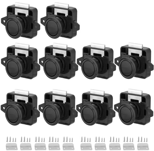 Schlüssellos RV Schrankschlösser mit Groß Push Button, ABS RV Cabinet Catch Verriegelung für RV Wohnmobile Wohnmobil-Anhänger Wohnwagen Van Yachten Boote (Schwarz 10 Stück)