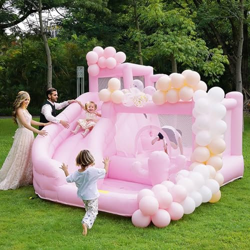Pink Wedding Castle Bouncy House 12x9.5 FT - Personalized with Names and logo - Large All Pink Bounce House Castle with Blower for Birthday Party & Wedding Decorations