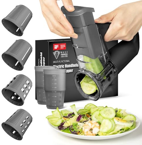 Trancheuse à légumes électrique – Coupe-salade sans fil, 4 lames interchangeables tranchage, râpage, râpe à fromage, râpe rotative à une touche, rechargeable Type-C, Noir