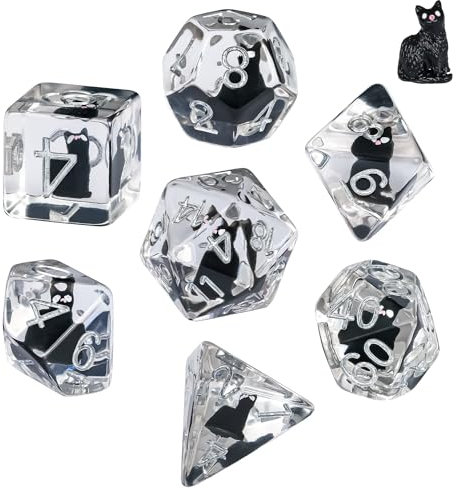 Cusdie 7-teiliges DnD-Würfel-Set, polyedrisches Würfel-Set, gefüllt mit Tieren, für Rollenspiele, Dungeons and Dragons, D&D-Würfel (schwarze Katze)