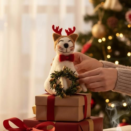 Adorable Needle Felted Christmas Ornament | Free-Standing or Hanging Decoration | Festive Christmas Decor (Cat Wearing Reindeer Antlers)