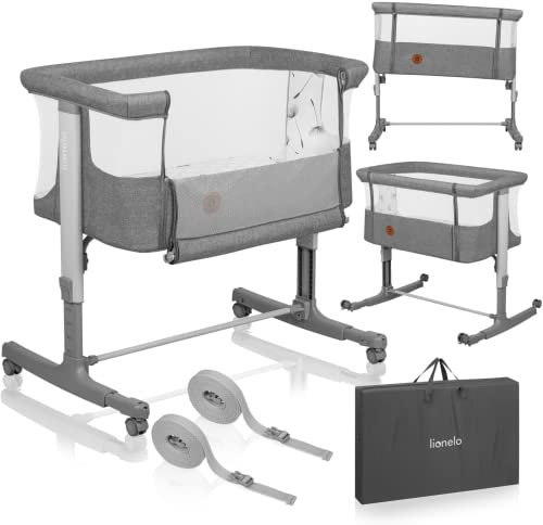 lionelo Aurora 3in1 Baby Bedside Cot Co-Sleeper for Babies From Birth to 9kg, Adjustable Height & Incline, Mattress, 4 Lockable Wheels, Breathable Mesh Panels, Portable, Washable, Carry Bag, Straps