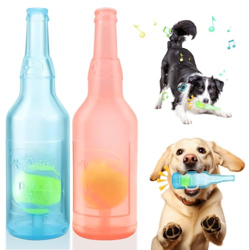 Glirop Dog Chew Toys, Squeaky Dog Toys with Tennis Ball Indestructible Bottle Puppy Toys for Small Medium Large Dog Outdoor Playing Training Chewing Dental Care Teeth Nteractive (Blue & Pink, Large)