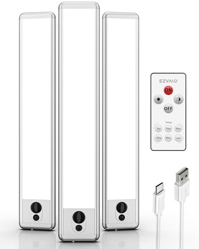EZVALO Under Cabinet Kitchen Lights, 3 Pack of 5300K Dimmable Wireless Motion Sensor Lights Indoor with Remote Control, 23 cm USB-C Rechargeable LED Night Lights for Kitchen,Wardrobe and Cupboard