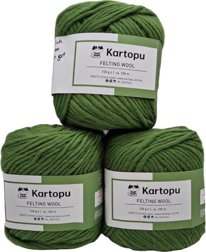 Filzwolle – große Farbauswahl – 3x100gr (300gr) – harmonisches Strickbild - 100% reine Schurwolle – Ökotexzertifiziert - hochwertige Wolle zum Filzen – Lauflänge per 100gr ca. 100m (1392 grün)