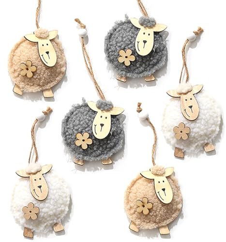 YIEUR 6 Stücke Anhänger Ostern Schafe aus Holz und Filz, 8cm Osterschäfchen mit Schnur Ostern Deko, Holz Osteranhänger im weiß grau beige für Draußen Tischdeko Garten Deko(Mix)