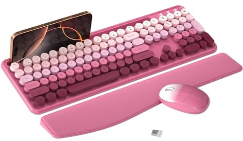 Kabellose Tastatur und Maus Combo mit Handyhalterung (rosarot, bunt) | MPTOG Bunte Schreibmaschinentasten mit Handgelenkauflage, 2,4 GHz kabellose optische Maus in voller Größe für PC und Laptop