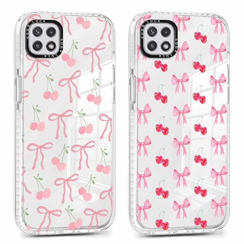 Phoona 2 packs Phone Case for Samsung Galaxy A22(5G) 6.6'', Cute Clear Transparent Cover with Bow Cherries Pattern Aesthetics Design, Soft Shockproof Protective Slim Funda for Women Girls