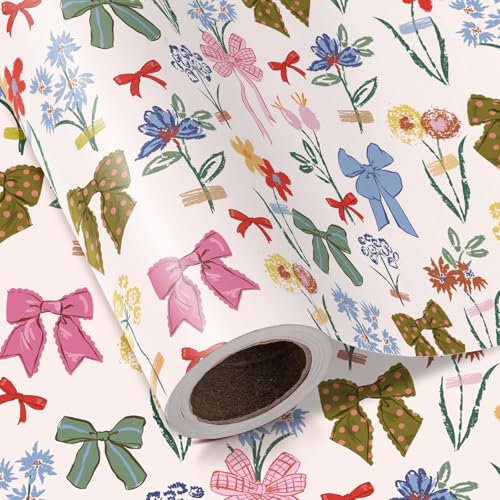 RUSPEPA Geschenkpapierrolle mit Schleifen und Blumenmotiv – Minirolle – 43,2 cm x 5 m – Schleifen mit Wildblumen, perfekt für Mädchengeburtstage, Muttertag, Babypartys, Hochzeiten