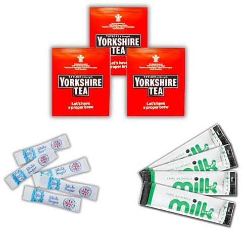 120-Piece Yorkshire Tea Set - 30 Individually Wrapped Bags, 30 Lakeland UHT Milk Sachets, 60 SilverSpoon Sugar Sticks | Beverage Bundle for Office, Travel & Home | Espresso Yourself