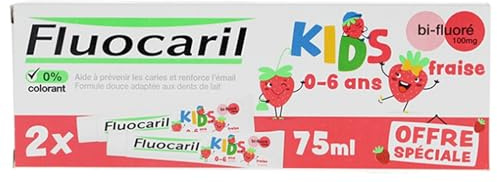 FLUOCARIL - Zahnpasta für Kinder, 0 – 6 Jahre, gegen Karies, Bi-Fluorit, 100 mg – Aroma/Erdbeere – hilft Karies vorzubeugen und stärkt den Zahnschmelz der ersten Milchzähne – 2 x 75 ml