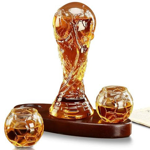 Whiskey Decanter Wine Bottle - Art Statue, 26.5oz Soccer Trophy Whiskey Decanter, Glass Liquor Bottle with 2 Glasses, Unique Home Bar Decor Gifts, Creative Barware with Wooden Base & Pourer