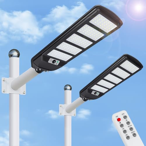 Aigostar- 2Uds 300W Farola solar LED exterior con sensor de movimiento, mando a distancia, 3000LM luz blanca. Foco solar LED potentes con temporizador, impermeable protección IP65. No incluye soporte