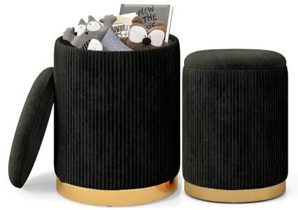 COSTWAY Set of 2 Velvet Round Footstools, Nesting Storage Ottoman Pouffe Footrest with Gold Stainless Steel Hoop, Modern Padded Dressing Vanity Stool Chair Makeup Seat for Living Room Bedroom (Black)