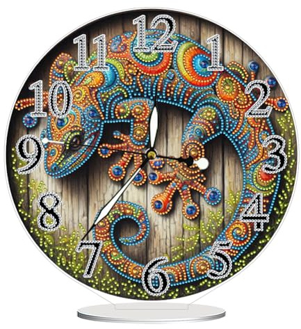 DIY Diamond Painting Uhr Deko,Leuchtend Wanduhr 5D Diamant Painting Tisch Deko Mit Uhrfunktion,Diamant Malerei Kunst Set Ornamente,Zuhause Deko Muttertagsgeschenk Geschenke für Frauen-Eidechse