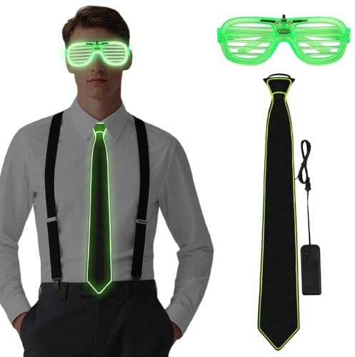 Alaoo Lot de 2 Cravate Lumineuse et Lunettes LED, Glowing Fête Noël, Vert