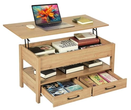 Songvas Couchtisch, Höhenverstellbarer Wohnzimmertisch, offener und versteckter Stauraum, 2 Schubladen, Sofatisch, Beistelltisch, 100 x 50 x (49-63) cm, Eiche