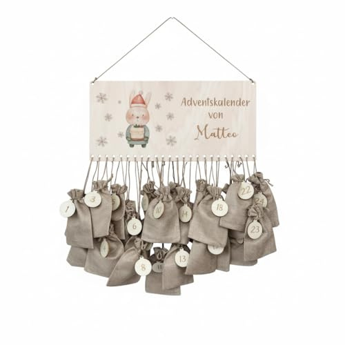 Personalisierbarer Adventskalender Hase 2025 – DIY-Weihnachtskalender aus Holz mit 24 Geschenktüten & Zahlen – Adventskalender für Kinder – mit Namen personalisiert
