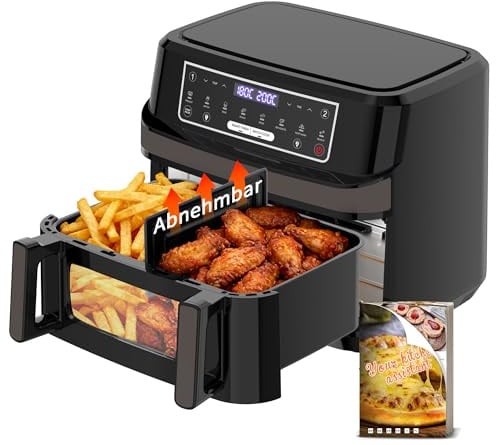 Friggitrice ad Aria 12L | Friggitrice Aria XXL Modalità Flessibile 1 o 2 Zone, 2600W Doppia Resistenza Controllo Indipendente Finestra & Luce Interna, Air Fryer Grande 8-in-1 Touch Control Ricettario
