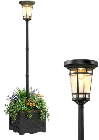 Outsunny Solar Laterne Stehleuchte mit Blumentopf 195cm Gartenlaterne | Außen, 2 Helligkeitsstufen, Lichtsensor Schalter, IP44, Solarlampen Solarlaterne Solar Laternen, für Garten Balkon