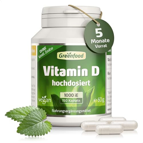 Vitamin D, hochdosiert, 1000 iE - 150 Kapseln, vegan. Vitamin D3 – für Immunsystem, Knochen und Zähne. OHNE künstliche Zusätze - laborgeprüft. Von Greenfood.