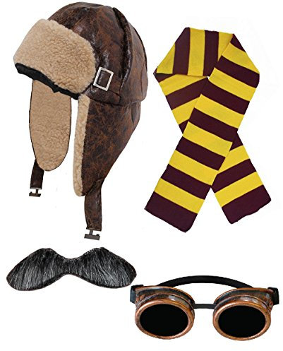 I LOVE FANCY DRESS FLIEGERMÜTZE/RUSSENMÜTZE +Kupfer Googles + SCHNÄUTZER = 4 VERSCHIEDEN FARBENDEN SCHALS = HELLES TEDDYFELL IN Innenseite = MÜTZE MIT OHRKLAPPEN + Kastanie/Goldner SCHAL