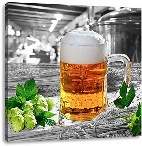 Pixxprint Frisches Bier mit Schaumkrone schwarz, weiß, Größe: 40x40, Leinwandbild Quadratisch, Wandbild, Kunstdruck, fertig bespannt