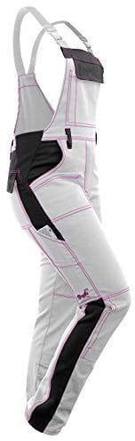 strongAnt® - Ladies Stretch Bib and Brace Overalls, Black Pink White Seam for women. Painter trousers complete stretch with kneepads pockets. Cotton - White-Black/ Pink Seam - 24