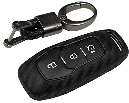 M.JVisun Soft Silicone Rubber Carbon Fiber Texture Case Key Fob Cover For Ford Edge Explorer F-150 F-250 Mondeo Mustang 3 Buttons Car Key Shell - Black - Weave Keychain