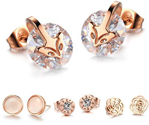 Kim Johanson Damen Ohrringe *15 Designs* aus Edelstahl in Roségold mit Zirkonia Steinchen oder Perlmutt besetzt inkl. Schmuckbeutel (Fuchs)