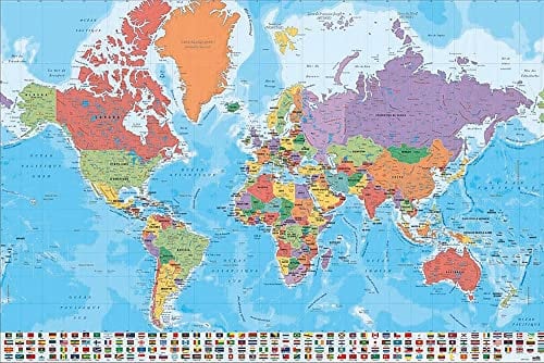 Close Up Weltkarte Poster mit Flaggen En Français (Franz. Text) (91,5cm x 61cm)