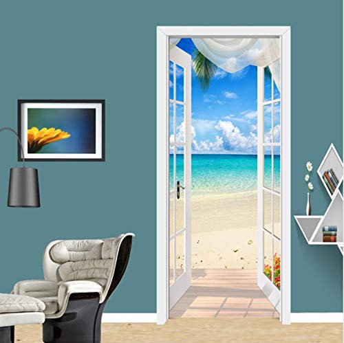 3D Türaufkleber Haus am Meer PVC Selbstklebende Wasserdichte Abnehmbare Art Decals für Dekoration Wandbild 77x200cm