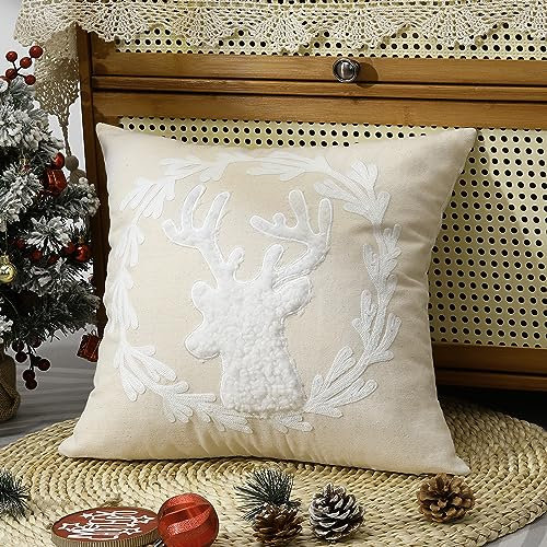 Lewondr Weihnachten Kissenbezug, 18 x 18 Zoll 3D Pellet Samt Rentier Bestickt Girlande dekorative Kissenbezug Luxus weiche Leinwand werfen Kissenbezug für Bett Home Decor Wohnzimmer
