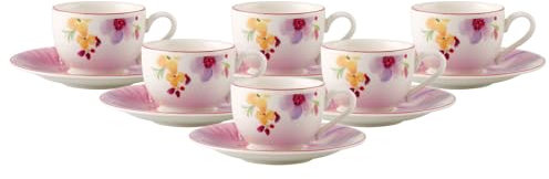 Villeroy & Boch Mariefleur Basic Mokka- / Espressotasse mit Untertasse, 80 ml, Espresso-Set mit floralem Blumen-Dekor, Premium Porzellan, 6er Set