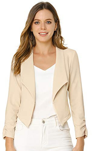 Allegra K Women's Work Office Cropped Jacket Notched Lapel Long Sleeve Open Front Short Blazer Beige M-12
