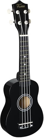 Fame UKE-S BW Sopran Ukulele, Schwarz, Inklusive Tasche, Lindenholz-Korpus, 12-Bund Composite-Griffbrett, Nickel-Finish