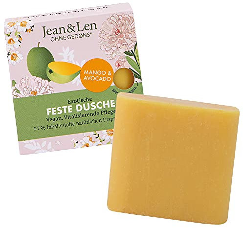 Jean & Len Exotische Feste Dusche Mango und Avocado, reinigt und sorgt für ein gepflegtes Hautgefühl, exotischer Duft, für alle Hauttypen, Festes Duschgel, ohne Parabene & Silikone, vegan, 60 g