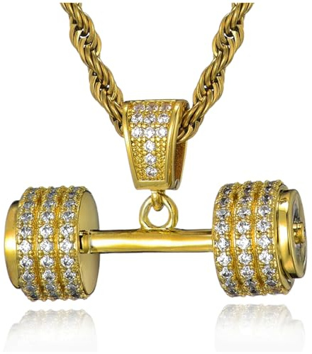 ICEDIAMOND 14K Iced Out Bright CZ Diamond Dumbbell Design Pendant Necklace, Gold Plated Fully Zirconia Hip Hop Charm Jewelry for Unisex