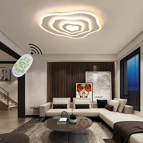 Wohnzimmerlampe Deckenleuchte Weiß LED Deckenlampe Dimmbar mit Fernbedienung Modern Jahresring Design Schlafzimmerlampe Wohnzimmer Deko Decke Lampe Ring Küchen Esstisch Esszimmer Beleuchtung (L60cm)