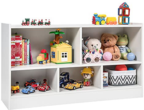 GYMAX Kids Storage Shelf Unit, 5-Cubby Wooden Children Bookcase, Toy Storage Organizer for Playroom Bedroom (White)