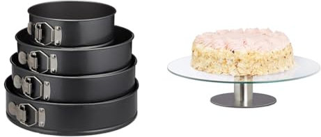 Relaxdays, grau-metallic Springform Set, 4-teilig, rund, Ø18/24/26/28 cm, Kuchenbackform & Tortenplatte drehbar, Standfuß, Kuchenplatte zum Dekorieren, Torten Drehteller für Kuchen, Ø30cm, transparent