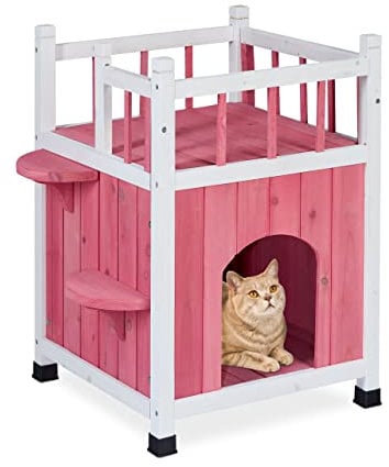 Relaxdays Casa per Gatti, Villa per Felini a 2 Piani, con Balcone, Legno di Pino, HLP: 65,5 x 54 x 45 cm, Rosso Pastello