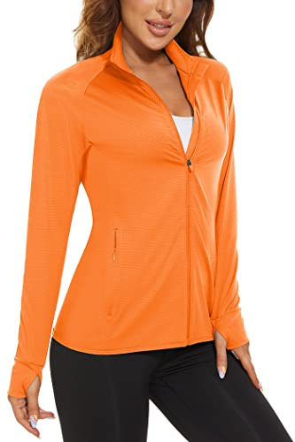 KEFITEVD Damen Laufjacke Herbst UV Schutzkleiung Sportjacke Leicht Stehkragen Sweatjacke Langarm Trainingsjacke Daumenloch Jacke mit Tasche für Yoga Fitness Leuchtendes-Orange S