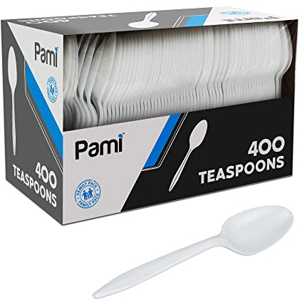 PAMI 400-Pack Medium Weight Disposable Plastic Teaspoons, Bulk Utensils for Parties, Weddings, Catering, Plastic Forks in Bulk Available (Teaspoons White)
